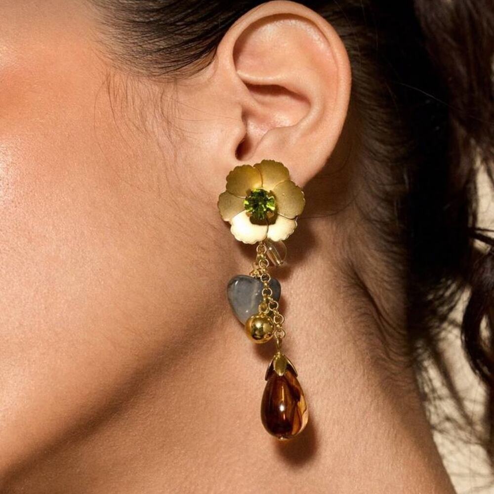 Gold Flower Heart Drop Earrings Amber Teardrop Dangle Boho Statement